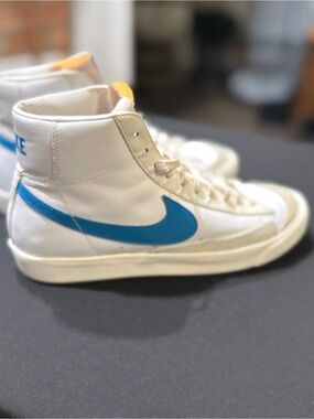Nike Cream High-Top Sneakers with Blue Swoosh